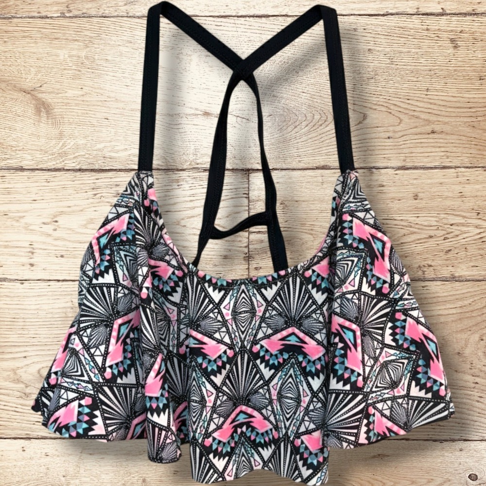 RUE BLEU Tribal Geometric Ruffle Tankini Swim Top Bikini Boho Pink‎ Black L